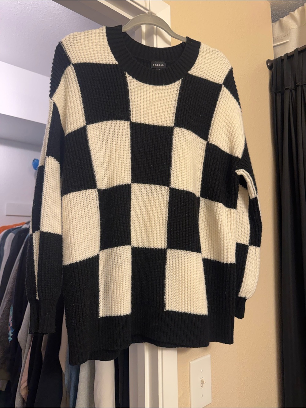 torrid Black and Cream Checkerboard Crewneck Sweater